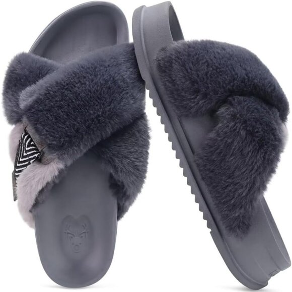 Women's Gray Fuzzy Faux Rabbit Furry Fur Cross Band Arch Open Slippers Shoes - Picture 1 of 8